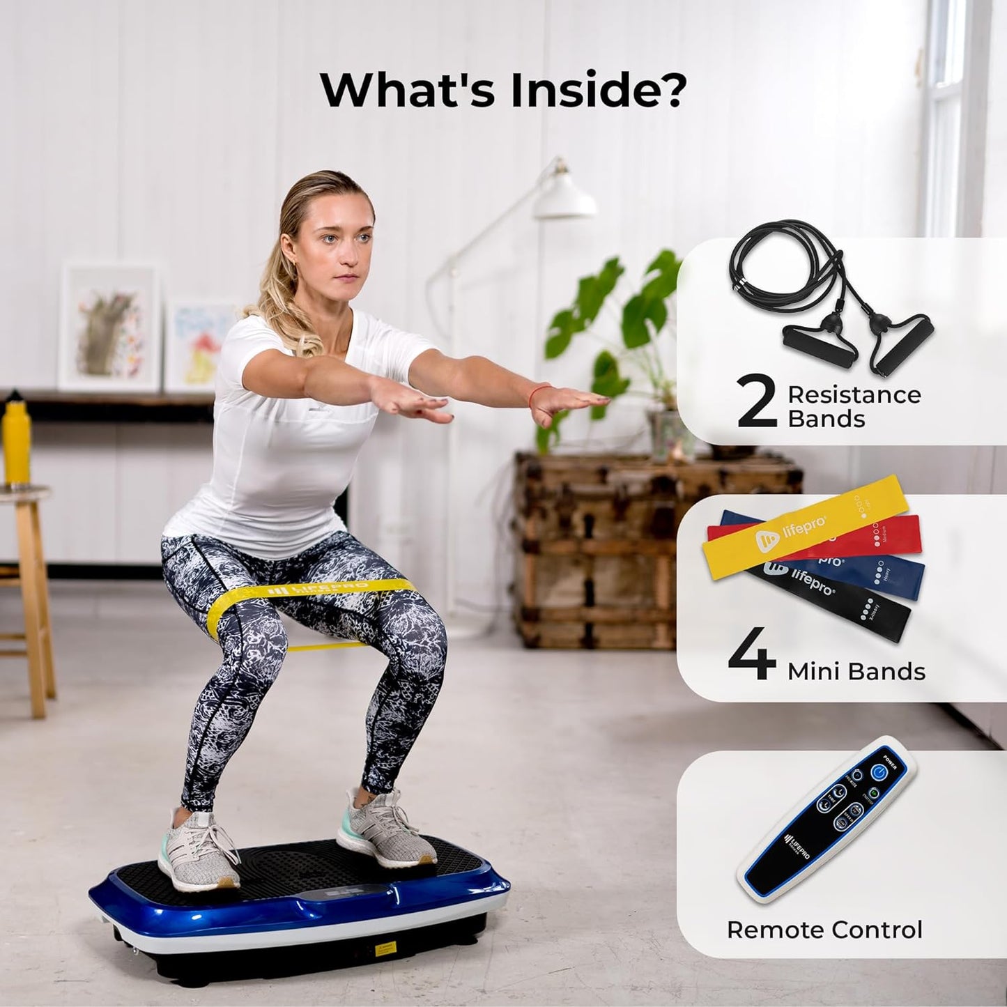 Vibration Plate Exercise Machine Silver- Whole Body Workout Vibration Fitness Platform W/ Loop Bands - Home Training Equipment - Remote, Balance Straps, Videos & Manual